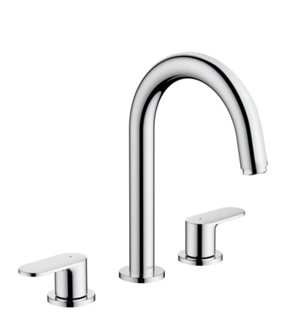 Hochglänzende Chromwaschtischarmatur von Hansgrohe mit zwei separaten Griffen und einem geschwungenen Auslauf, geeignet für die Wandmontage.